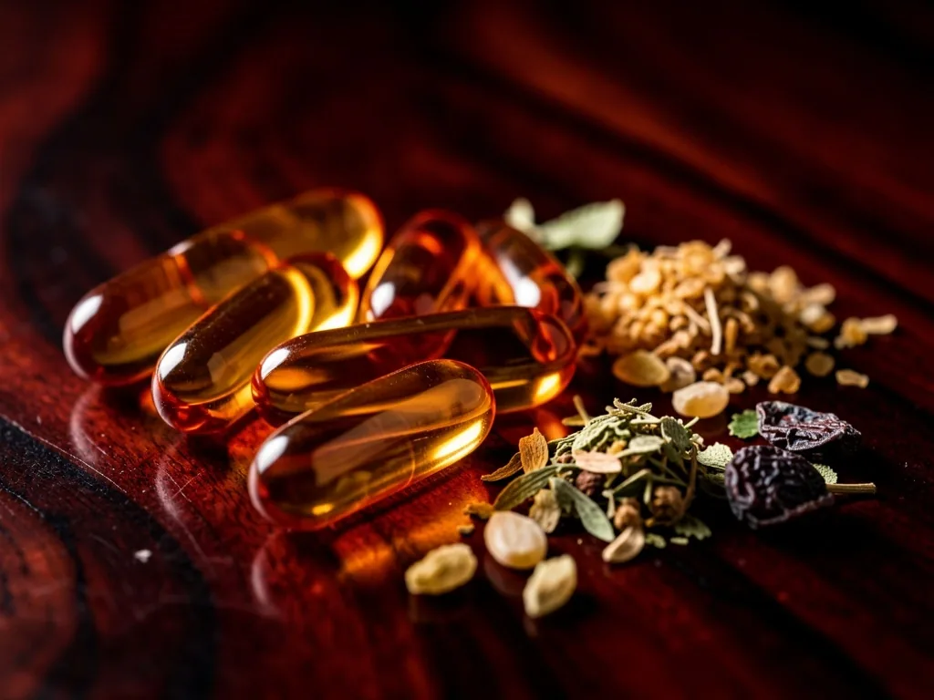 Natural supplement capsules on a dark surface